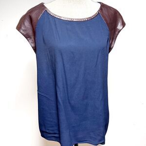 Diane von Furstenberg Valentine Navy Leather-Shoulder Top Womens Sz L